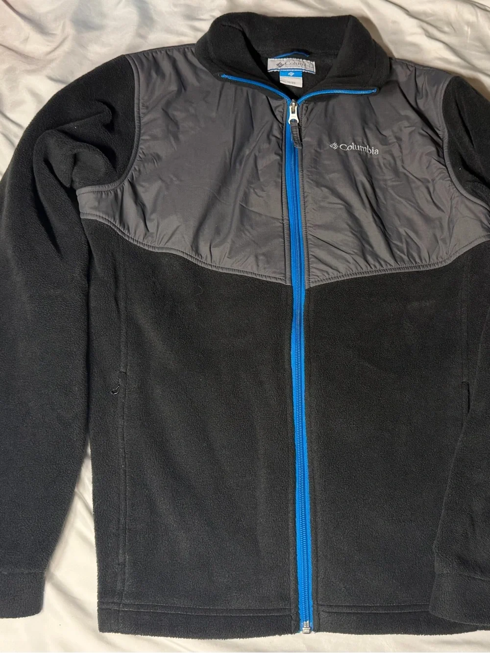 Columbia Kids Black Fleece Jacket with Gray Yoke and Blue Zipper
